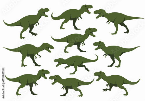 Seamless pattern of stylized green Tyrannosaurus Rex dinosaurs in various poses on a white background, vector illustration for kids or design projects.