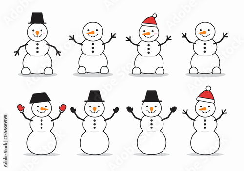 Set of cute cartoon snowmen characters with different hats and mittens, isolated vector illustration for winter and holiday designs.