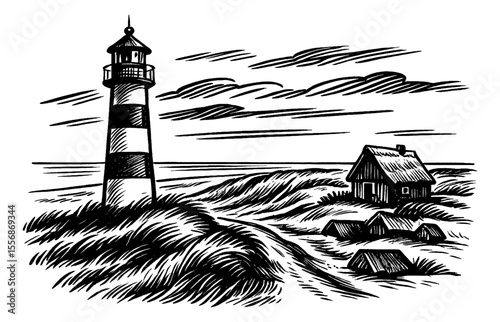 Black and White Engraved Illustration of Lighthouse, House, Dunes, and Clouds Landscape