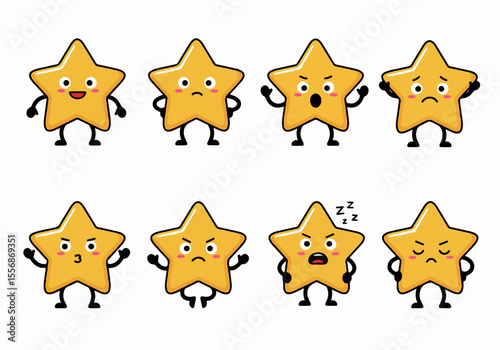 Cute cartoon golden star characters displaying a variety of emotions and expressions on a white background.