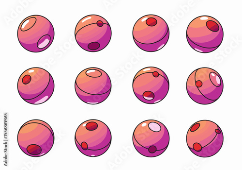 Set of Cartoon Gradient Spheres with Spots and Lines in Pink and Orange - Stylized Vector Orb Collection