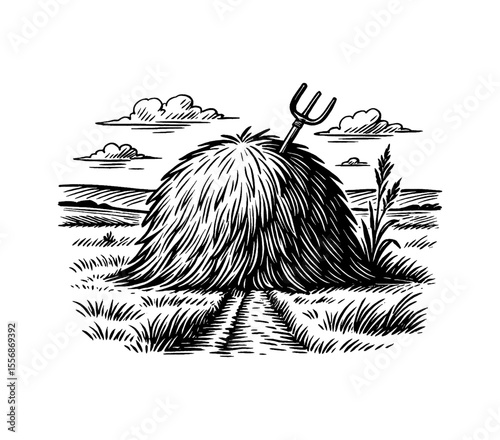 Engraved Black and White Illustration of a Haystack with Pitchfork in a Field with Clouds