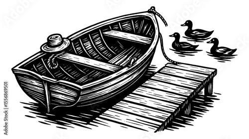 Engraved Illustration of a Boat on the Dock with Ducks in Black and White
