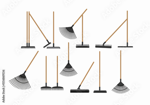 Collection of various rakes and garden tools for landscaping and yard work in a flat illustration style on a white background.