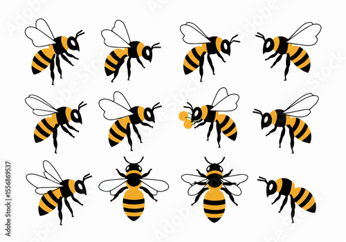 Collection of cute cartoon honey bees in various poses on white background