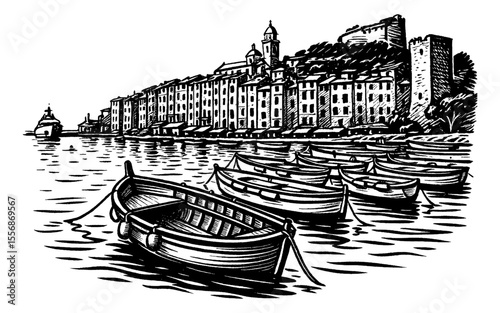 Boats on Water near Buildings and Castle in Black and White Detailed Line Art Drawing