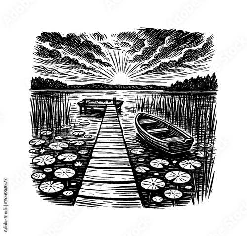 Illustration of a lake scene with a dock, rowboat, water lilies, and sunrise in a black and white line art