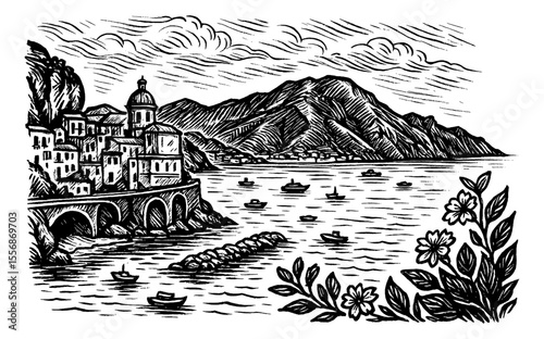 Coastal Italian Town with Boats and Mountains in Black and White Engraved Style Illustration