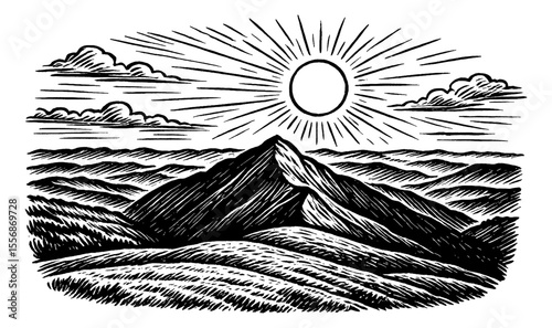 Mountain Landscape Engraving of Mountain Sun and Clouds with Detailed Texture in Black and White