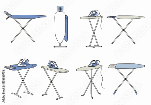 Set of hand drawn illustrations of ironing boards and irons, depicting various positions and types of household pressing equipment.