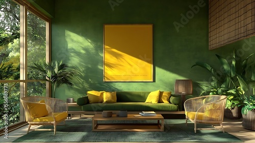 Fototapeta Naklejka Na Ścianę i Meble -  Green room with jungle view, and yellow sofa.