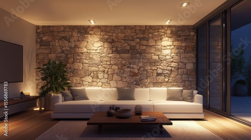 Modern living room at night with stone wall
