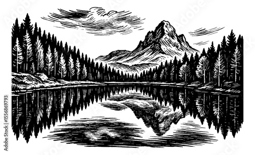 Engraved landscape of mountain lake reflecting trees and sky in black and white