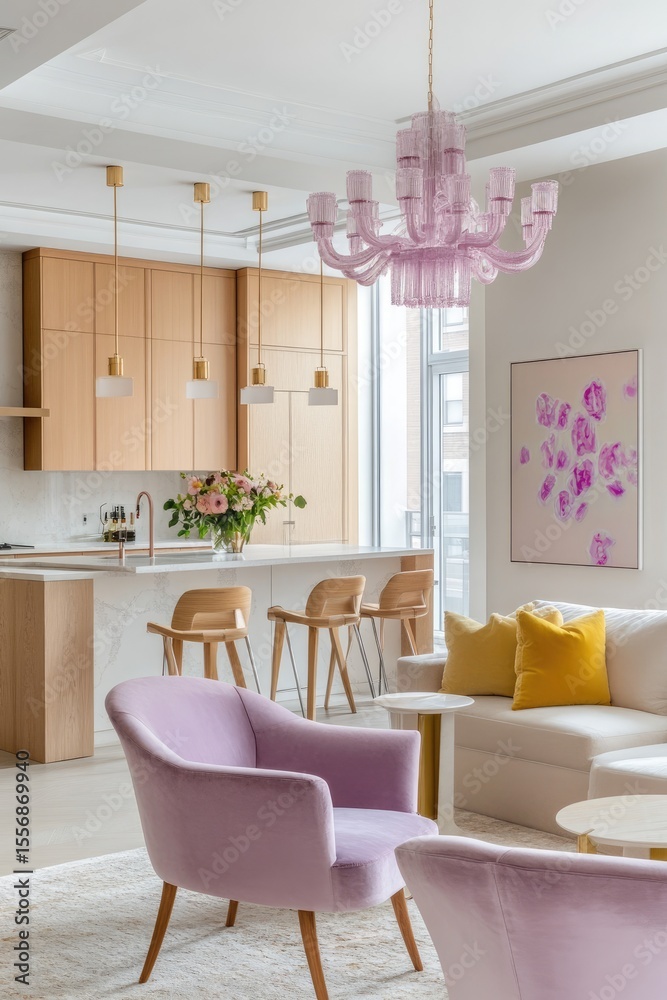 Fototapeta premium Modern kitchen and living area with light wood, soft pinks, and gold accents