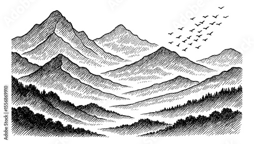 Engraved Mountain Range Landscape with Birds Flying in Formation Black and White