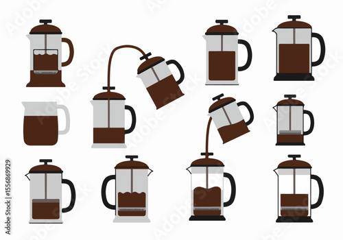 French Press Coffee Brewing Process Illustration Set: Step-by-Step Guide to Making Coffee with a Plunger Pot.