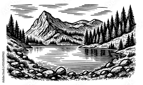 Engraved illustration of a lake surrounded by mountains and forests, black and white