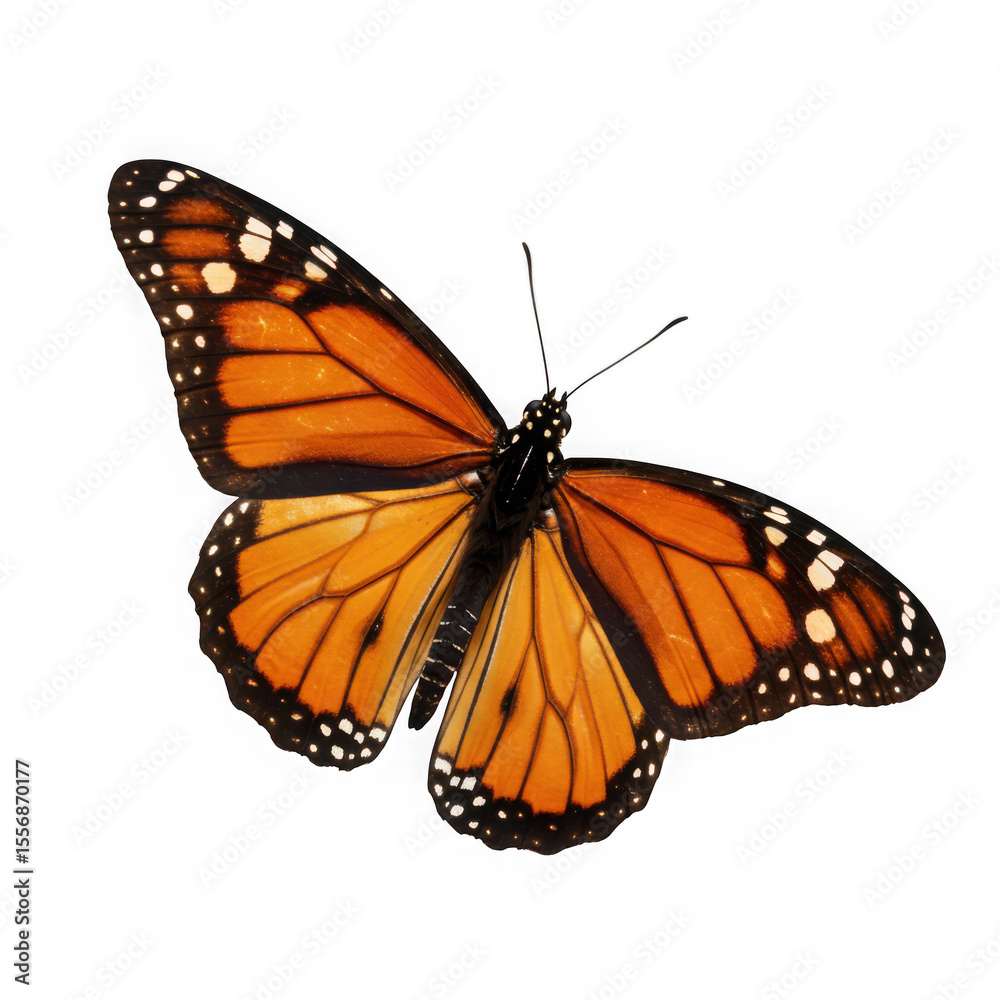 Fototapeta premium Detailed monarch butterfly with orange wings and black veins isolated on transparent background