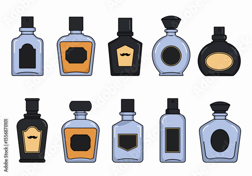 Vector illustration set of stylized perfume and cologne bottles in various shapes and colors, perfect for fragrance, beauty, and grooming themes.