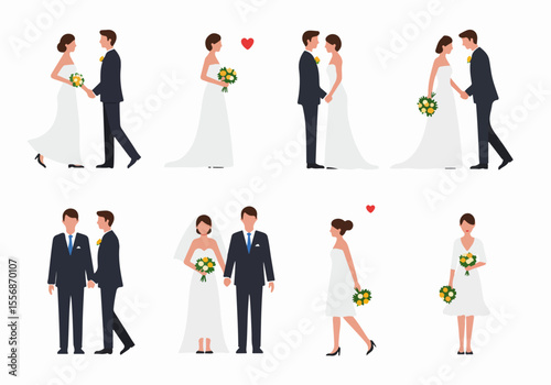 Wedding Illustration Set with Diverse Couples and Guests