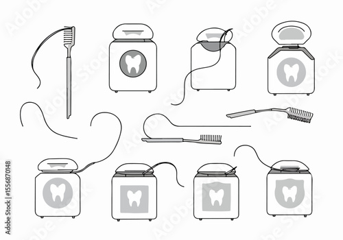 Collection of dental floss dispensers and interdental cleaning tools illustrations, showing oral care and hygiene essentials.
