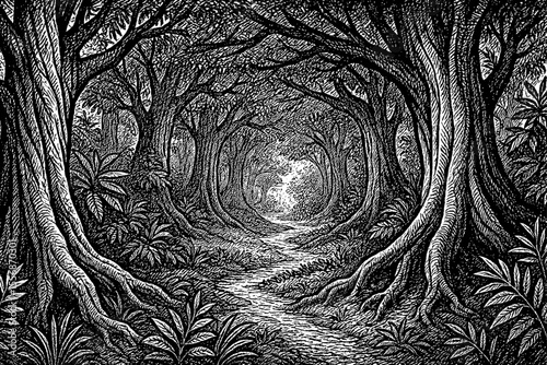 Engraved illustration of a forest path surrounded by trees and lush vegetation