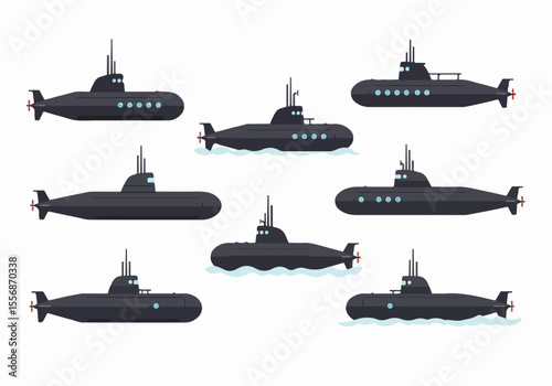 Collection of flat design black submarines floating and submerged on a white background, representing military and naval power.