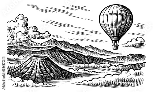 Engraved Landscape with Mountains Clouds and Hot Air Balloon in the Sky Detailed Black and White