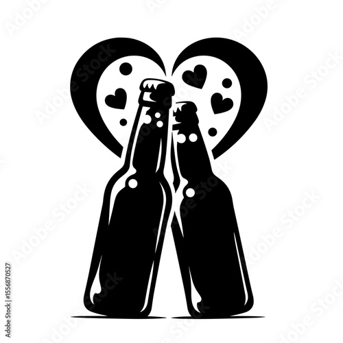 Two clinking beer bottles with heart symbolizing love and friendship