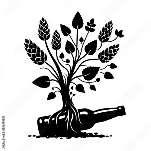 Hop plant growing from beer bottle symbolizing nature and brewing