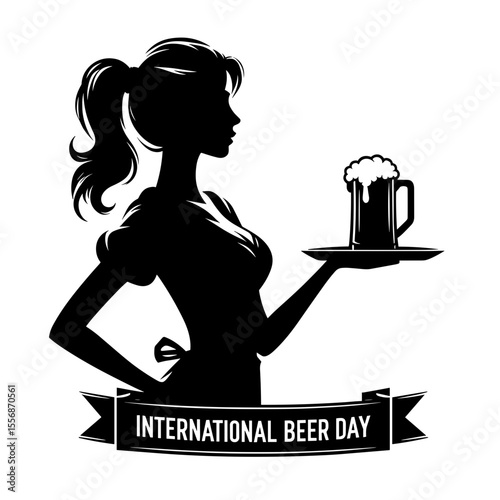 Woman with beer tray and ribbon symbolizing service and celebration