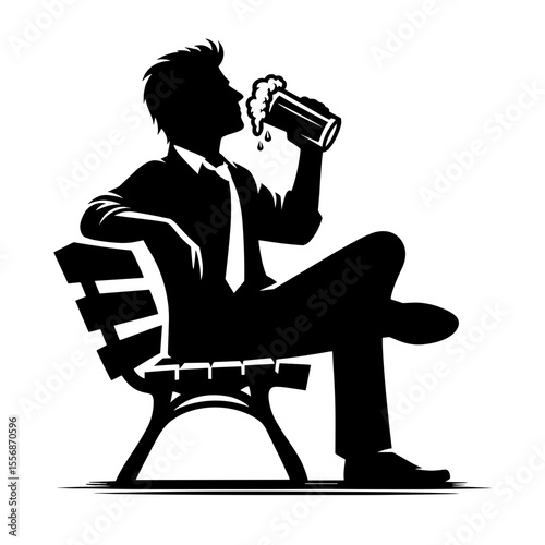 Man in suit drinking beer on bench symbolizing relaxation after work
