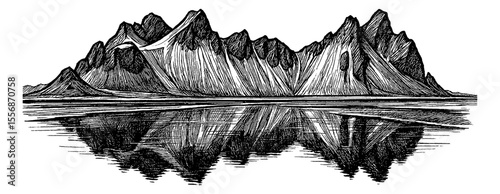 Black and white engraving of a mountain range reflected in the water