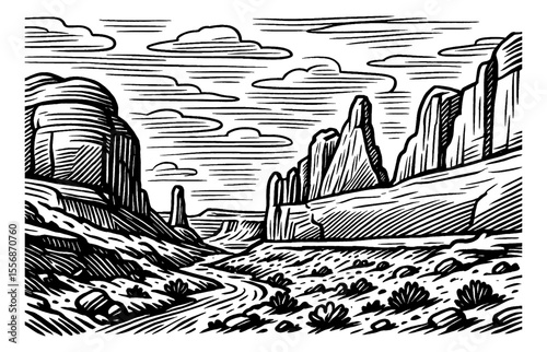 Detailed Black and White Engraving of a Grand Canyon Landscape with Clouds