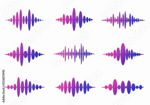 Set of abstract gradient sound wave visualizations representing audio frequency or voice recognition interface elements.