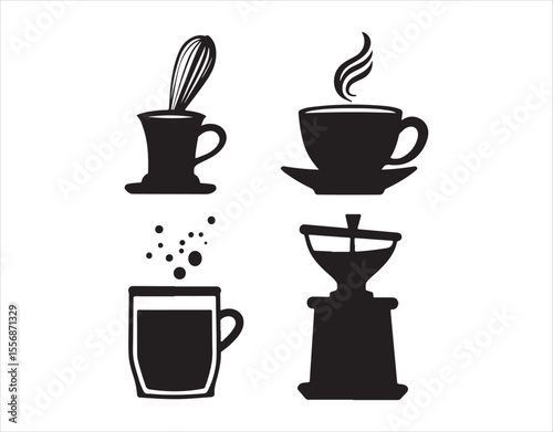 collection of flat silhouette icons includes tea and coffee items like a matcha whisk, latte art, a steaming mug, an iced tea glass, and a coffee grinder, all presented in sleek black shapes with smoo