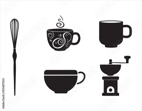 flat silhouette icon collection showcasing tea and coffee items: a matcha whisk, latte art, a steaming mug, an iced tea glass, and a coffee grinder, all in elegant black shapes with smooth edges.
