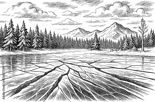 Hand Drawn Ink Winter Landscape with Cracked Ice, Trees, and Mountains in the Background