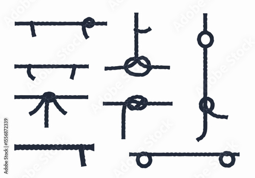 Collection of various dark blue rope knots and elements isolated on a white background vector illustration