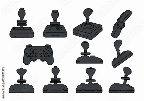 Collection of vintage video game controllers and joysticks illustration on white background