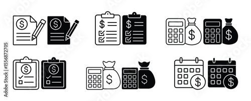 Printaset of icons about finance, grow money, financial data, money counter, money calculator, stock rise and fall statistics data, financial question form, financial records, debt question date