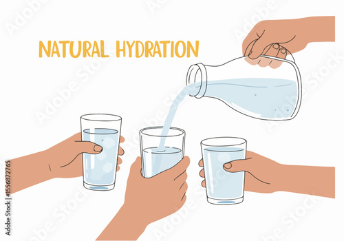 Natural Hydration: Hands holding glasses of water, with a hand pouring water from a pitcher, illustrating healthy daily drinking habits.