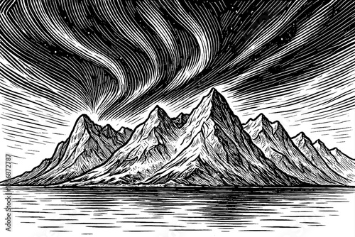 Dramatic Engraved Landscape with Mountains, Aurora Borealis, and Water Reflection in Black and White