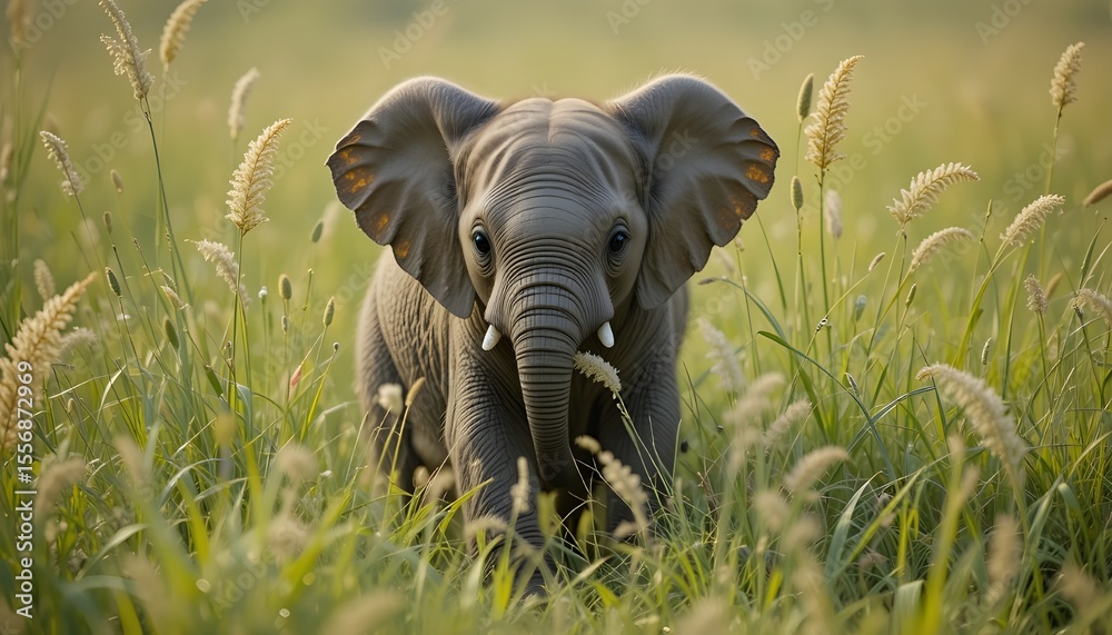 Fototapeta premium A young elephant stands in tall grass, looking directly at the viewer.