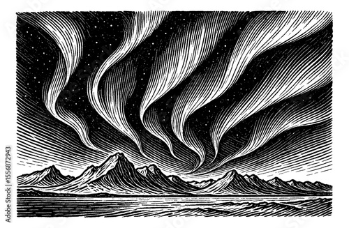 Engraved illustration of aurora borealis over mountains and water with stars in sky at night