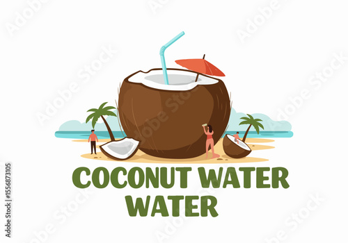 Tropical Beach Coconut Water Drink Illustration with Tiny People Enjoying Summer Vacation Holiday Refreshment on Sand with Palm Trees and Ocean Background