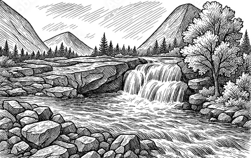 Waterfall Landscape with Mountain and Tree in Engraving Style Black and White Artwork