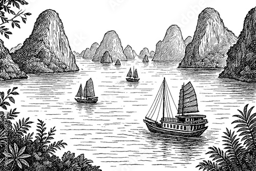 Halong Bay Vietnam view with boats and limestone karsts engraving style