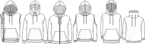 Hoodie and sweatshirt front views with variations, technical flat sketch, vector hoodie cad drawing for fashion design and illustration