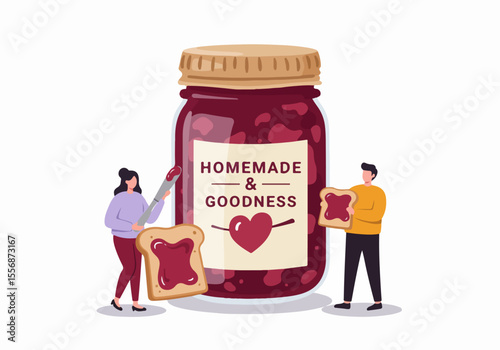 People enjoying homemade jam on toast with a large jar of preserves, symbolizing freshness and traditional goodness for breakfast or snacks.